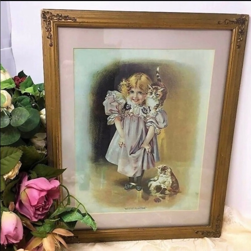 Adorable Vintage “Kittys Playtime" Print & Frame
